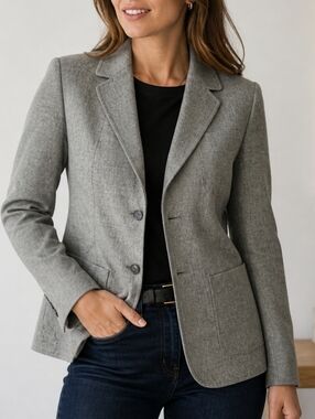 Wool Light Gray Tailored Notch-Lapel Blazer